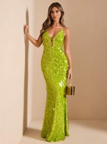 SHEIN BAE 深 V 领镂空系带修身奢华亮片连衣裙，适合女士，春夏，闪亮度假连衣裙，派对连衣裙 - 綠色 - 查看 3