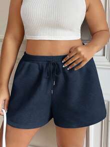 SHEIN EZwear Plus Size Women's Solid Color Drawstring Waist Loose Casual Shorts - Navy Blue - View 1