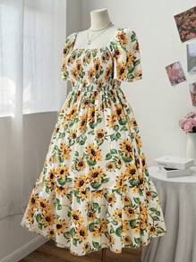 Sunnyshic Vestido A-Line de mujer de talla grande con estampado de girasol y mangas con volantes, elegante vestido de verano para vacaciones y playa