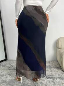 SHEIN Clasi 大码高开叉褶皱扎染印花半身裙女款半身裙