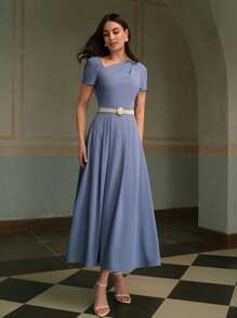 ZEYLAH 1pc Women's Elegant Asymmetrical Shoulder Maxi Dress, Simple & Fashionable, Suitable For Summer