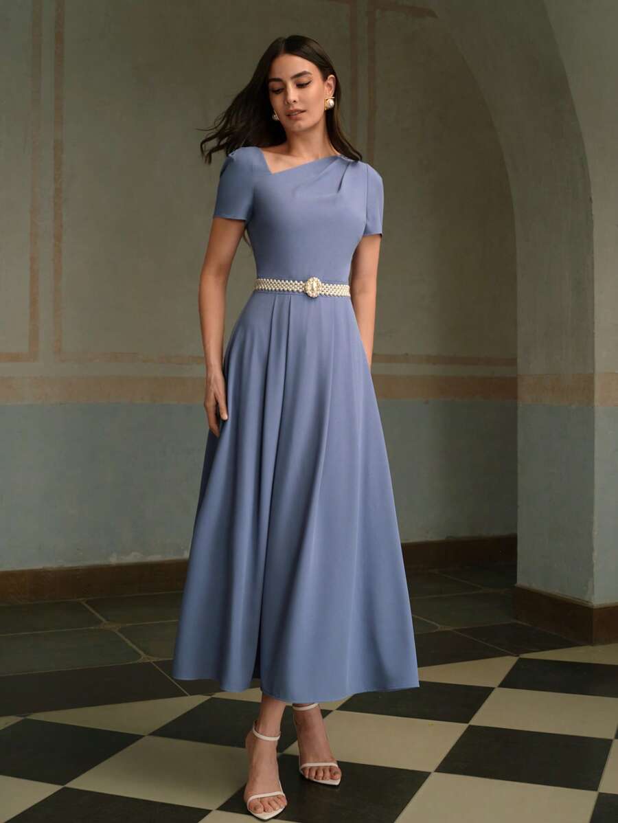 ZEYLAH 1pc Women's Elegant Asymmetrical Shoulder Maxi Dress, Simple & Fashionable, Suitable For Summer