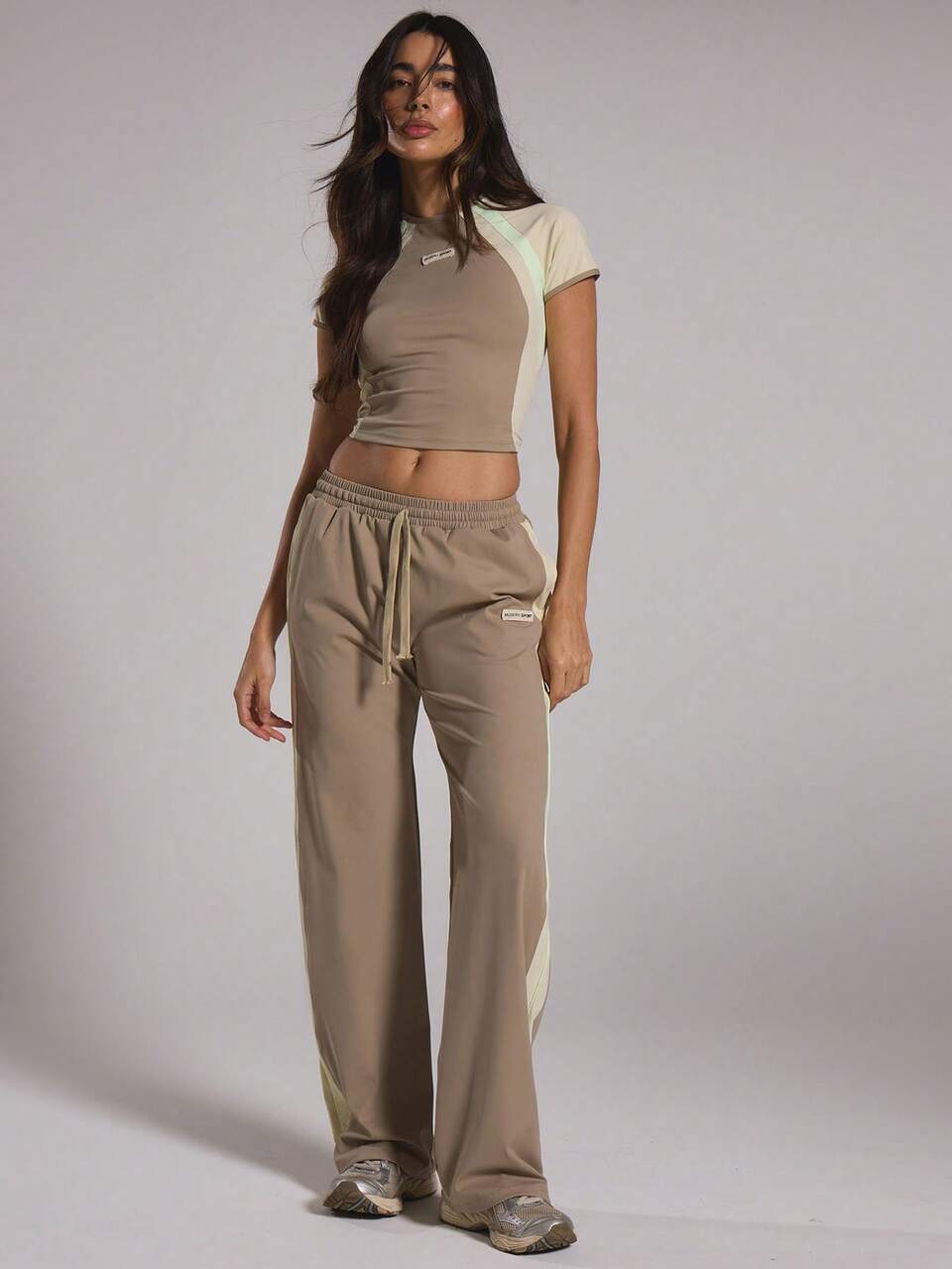 Active Contrasting Beige Fitted Cap Sleeve Top