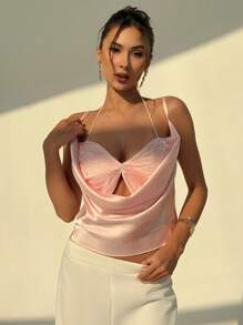Aloruh 女士纯色褶皱领口宽松背心 - 粉色 - 查看 6