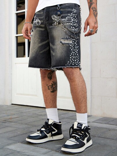 Street Life Men's Ripped Distressed Hem Rhinestone Pocket Casual Denim Shorts, Street Style