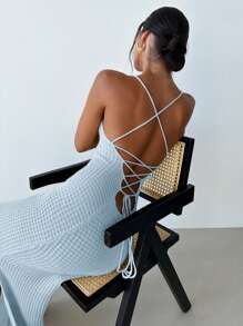 Firerie Women Elegant Minimalist Sexy Criss-Cross Open Back Slit Bodycon Midi Knit Slip Dress, Suitable For Daily Wear