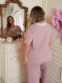 大码女式撞色蕾丝拼布罗纹短袖上衣和裤子睡衣套装 - 藕粉色 - 查看 2