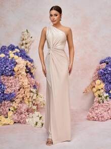 SHEIN Belle 女士浪漫优雅绿色针织面料扭纹宽松 A 字型伴娘礼服