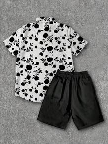 Manfinity Dauomo Men's Floral Allover Print Short Sleeve Shirt And Solid Shorts 2 Pieces Set - Multicolor - View 2