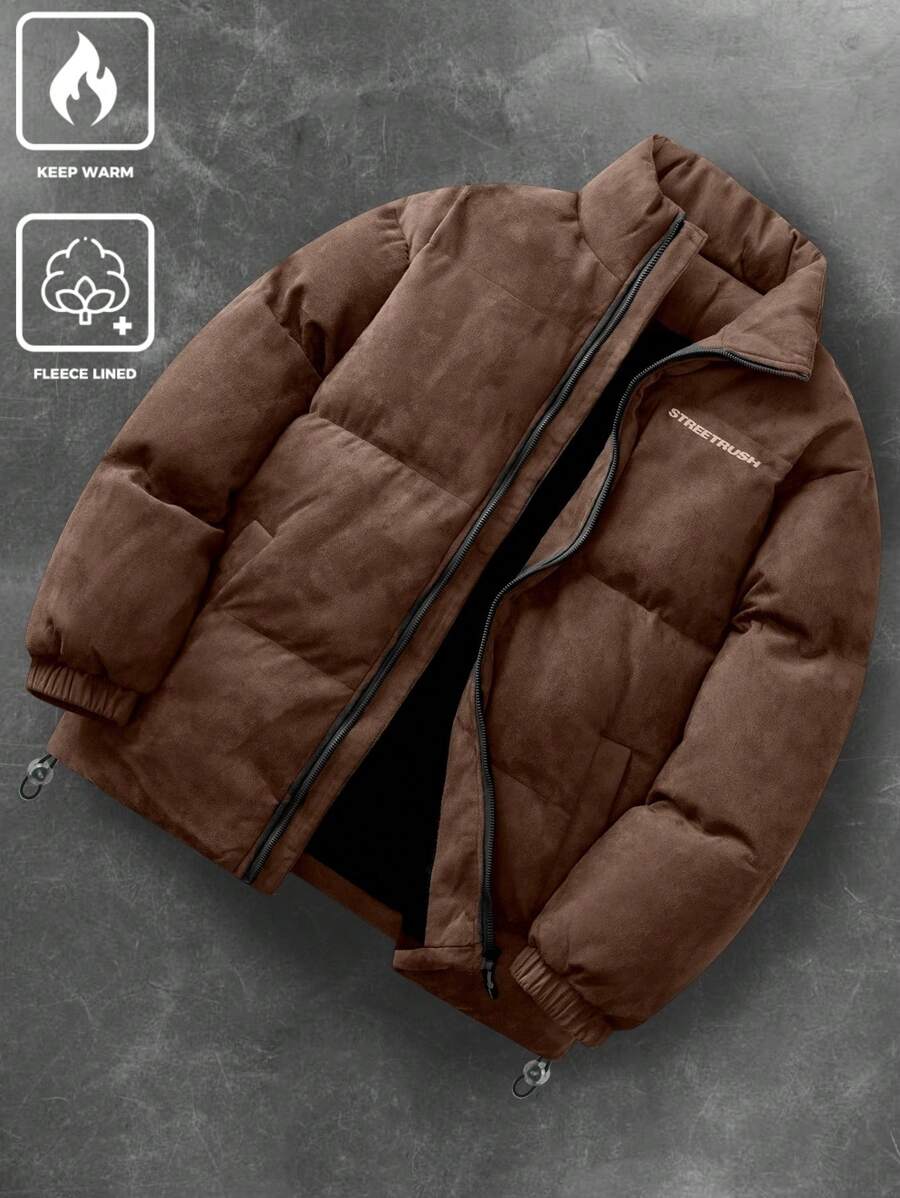 PAVTROS Manfinity Streetrush Men's Simple Letter Print Front Zip Long Sleeve Casual Jacket,Fall Men Clothes,Men Winter Coat,Solid Color Plus Fleece Warm Winter Coat - Coffee Brown - View 1