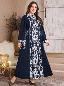 Al Najma Women's Stand Collar Floral Patchwork Cinched Waist Cinched Waist Slimming Casual Plus Size Dress - Navy Blue - View 4