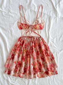 Soleia 女士夏季浪漫粉色花朵印花雪纺褶皱露背双层 A 字迷你连衣裙，适合派对、约会、情人节、下午茶、春季