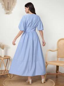 Mulvari 女士花卉印花泡泡袖连衣裙，优雅 - 藍色 - 查看 4