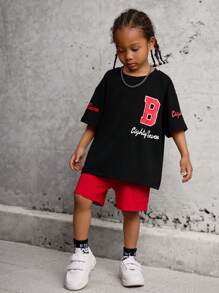 SHEIN 2pcs/Set Young Boy Casual Letter Print Patchwork Round Neck Drop Shoulder Short Sleeve T-Shirt And Shorts Set,Summer New Design For Vacation,School - Multicolor - View 6