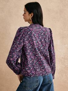 Poéselle Blouse moderne à imprimé rétro avec col en V profond pour femmes