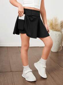 Young Girl Solid Color Fitted Casual Leggings - Black - View 2