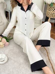 Contrast Color Puff Wrinkle Women Pajama Set - Multicolor - View 6