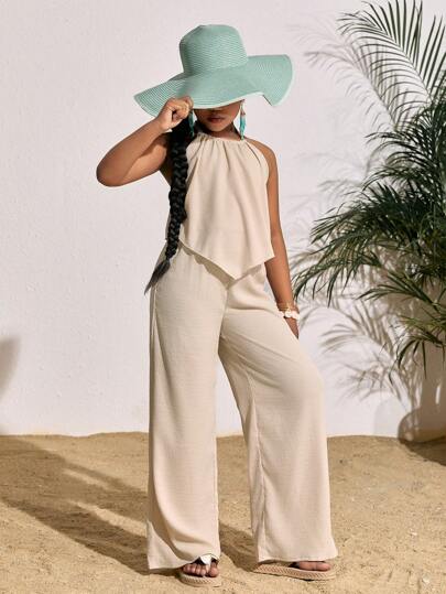 SHEIN SLAYR KIDS Tween Girls Vacation Casual Plain Sleeveless Top & Wide Leg Pants Set