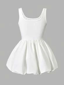 SHEIN Fitted & Stretch White Sleeveless Ruffle Hem Dress For Tween Girls, Elegant Resort Style,Holiday,Summer,Travel