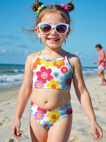 Young Girls Casual Minimalist Fitted Camisole & Bikini Swimwear Set, Suitable For Summer - Multicolor - View 1