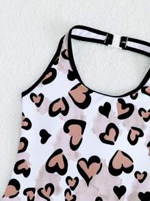 2pcs Teen Girl's Heart Print Halter Neck One-Piece Swimwear Set, With Cover Up Shorts And Top, Summer - Multicolor - View 4
