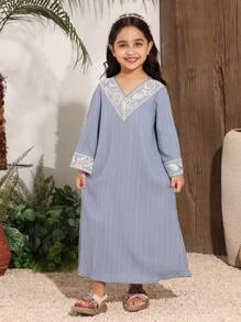 Young Girls Floral Print Light Blue Dress, Textured Fabric, Elegant And Adorable Design For Little Girls - Blue - View 3