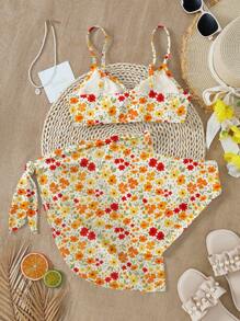 3pcs Teen Girls Casual Simple Camisole Bra & Triangle Panty Swimwear Set, For Summer - Multicolor - View 2