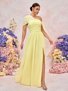 SHEIN Belle 春夏优雅浪漫浅黄色雪纺不对称肩部褶皱垂袖褶皱高开衩A字下摆适合晚餐约会单身派对生日度假返校季毕业礼服婚礼活动伴娘服 - 黃色 - 查看 4