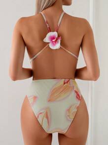 SHEIN Swim Bộ đồ bơi liền thân 2 mảnh cho nữ, kiểu dáng mùa hè mới, họa tiết hoa ly vàng nhạt, họa tiết ngẫu nhiên, dây đeo chéo hở lưng nhiều màu, cổ chữ V sâu, họa tiết hoa nhiệt đới cắt cao, váy đi biển có dây rút, phong cách nghỉ mát. - Nhiều màu - Xem 3