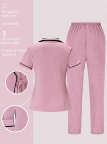 TaskEZ 2pcs Contrast Trim Casual Short Sleeve Top And Solid Color Pants Uniform Set, Scrub Sets - Pink - View 2