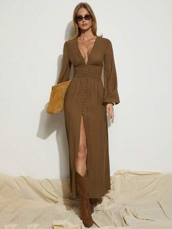 COSMINA Vestido largo de manga larga con abertura alta, elegante y para vacaciones, color marrón, primavera/verano para mujer