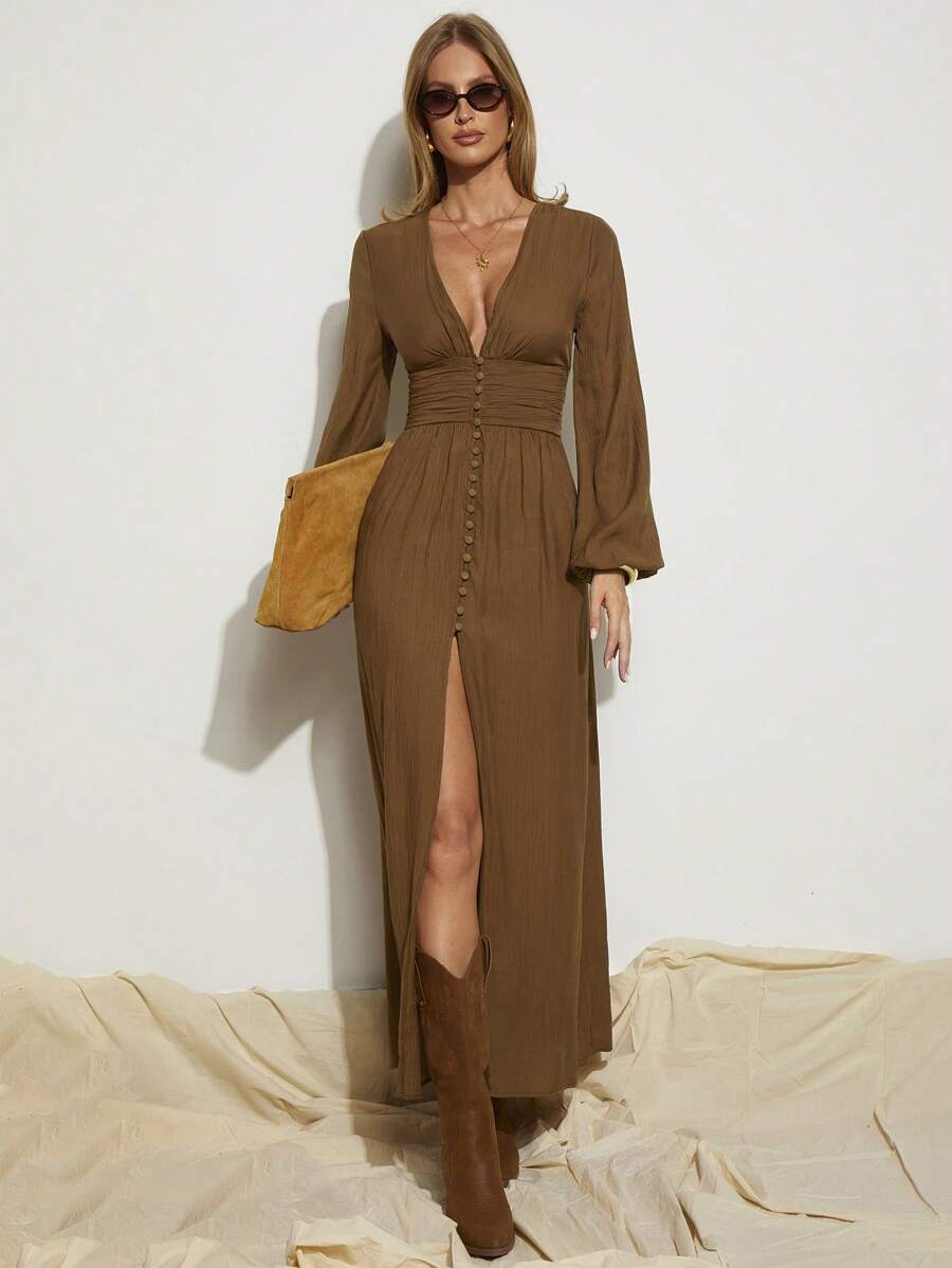 COSMINA Women's Elegant Vacation Long Sleeve High Slit Dress, Brown, Spring/Summer,Country - Brown - View 1