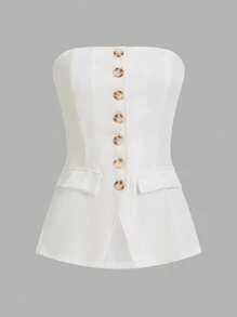 SHEIN Essnce Women Simple Solid Color Front Button Camisole Tank Top, Casual Daily Wear - White - View 1