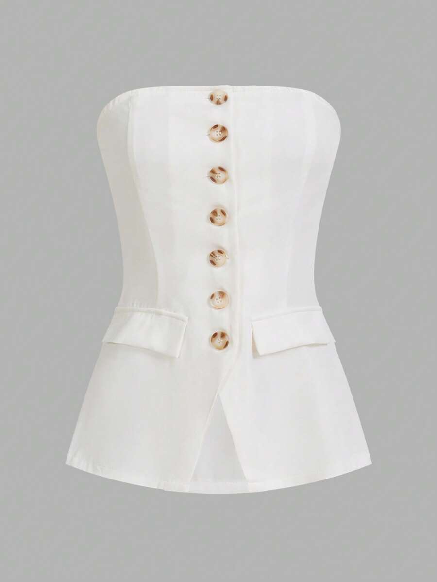 SHEIN Essnce Women Simple Solid Color Front Button Camisole Tank Top, Casual Daily Wear - White - View 1