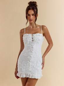 SHEIN BAE White Hollow Out Floral Tie Front Sleeveless Dress, Sweet & Sexy Casual Fit And Flare Sundress, Suitable For Dates, Vacation, Party, Wedding, Prom, Graduation, Daily Wear
