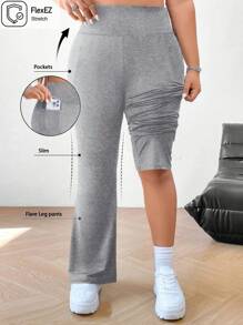 SHEIN EZwear Plus Size Women's Fall Winter Back To School Casual Homewear Yoga Comfortable Outdoor Solid Black Knitted Elastic Waist High Waist Pockets Flare Leg Trousers,Leggings With Pockets - Light Grey - View 2