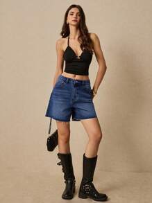 Poéselle Quần short denim rộng rãi, thoải mái, đa năng, quần jeans cạp trễ, trang phục mùa hè cho nữ - Rửa trung bình - Xem 4