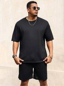 Manfinity Homme Plus Size Men Short Sleeve T-Shirt And Shorts Set, Solid Color Casual Matching Outfit, Cozy Outfits - Black - View 6
