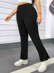 SHEIN Essnce Damskie legginsy w dużych rozmiarach, wiosenne i letnie, swobodne, wygodne, codzienne, z elastycznej tkaniny, z rozcięciem na nogawce, czarne, dopasowane, letnie, damskie, damskie, na lotnisko - Czarne - Zobacz 6