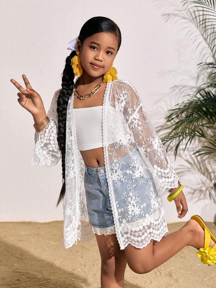 SHEIN Tween 女童时尚蕾丝刺绣和服风格罩衫、休闲度假装 - 白色 - 查看 3