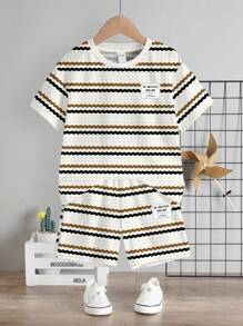 SHEIN Leap Crew 2pcs/Set Young Boy Casual Striped Pattern Round Neck Short Sleeve T-Shirt And Shorts, Suitable For Summer - Multicolor - View 2