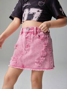 Young Girl Distressed Washed Denim Skirt, New Casual Fashion Dark Red Jeans Mini Skirt
