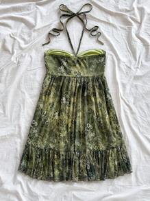 Soleia 女士夏季西部风波西米亚度假佩斯利印花连衣裙、音乐会狂欢节巡游服装、生日礼服、前抽绳露背后系带 A 字褶边迷你夏威夷连衣裙、音乐节服装 - 彩色 - 查看 2