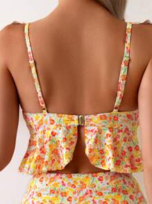 Swim Mod Women's Elegant Romantic Ditsy Floral Ruffle Swimwear Set For Summer Beach Vacation - Orange - View 4
