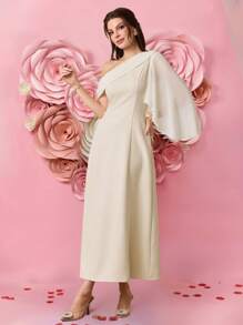 Modelyn Elegant Women's Banquet Apricot Skew-Shoulder Chiffon Lotus Sleeve Dress,Autumn Wedding Guest Dining Festival Clothes,Old Money Modest Summer Gown - Apricot - View 2