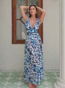 Swim Oasis Traje de baño de una pieza con cuello en V, estampado floral azul, diseño halter y espalda descubierta, con falda transparente. Atuendo de playa de verano de alta gama para mujer