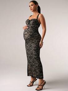 MaterniChic 孕妇优雅蕾丝修身无袖连衣裙，夏季 - 黑色 - 查看 5