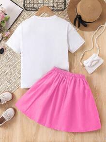 Bộ 2 áo thun tay ngắn in nơ và chân váy xếp ly cho bé gái - Hồng - Xem 2