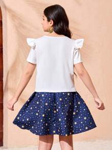 2 件套 Tween Girl 月亮与花朵短袖 T 恤和星星复古印花裙，舒适本地 - 彩色 - 查看 2