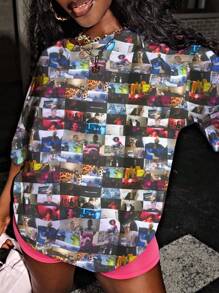 INAWLY Retro Street Style Vintage Photo Collage Oversize Short Sleeve T-Shirt - White - View 4